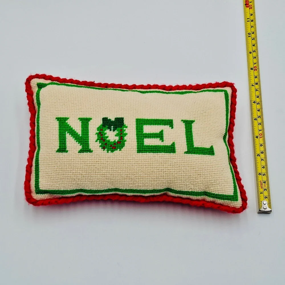 Vintage Christmas Needlepoint Pillows Joy Noel Set of 2 Red Green Cream  6x10